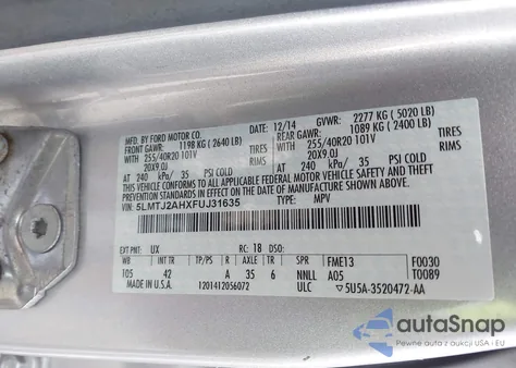 2015 Lincoln Mkc z USA, uszkodzony, nr VIN 5LMTJ2AHXFUJ31635